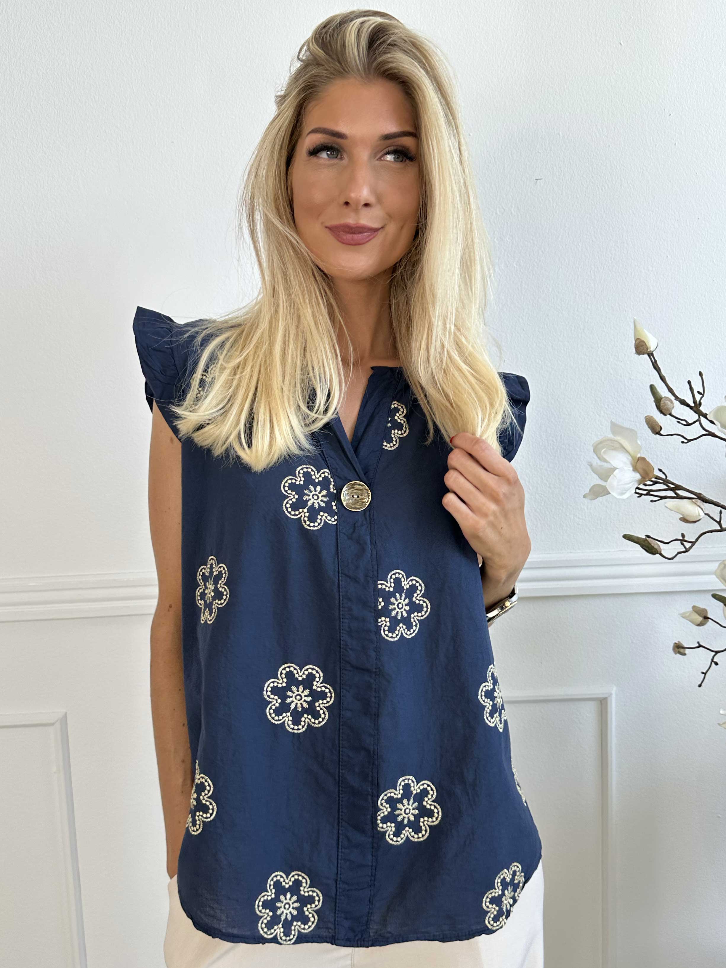 Kreta - Sød tunika i bomuld med blomster og flæseærmer